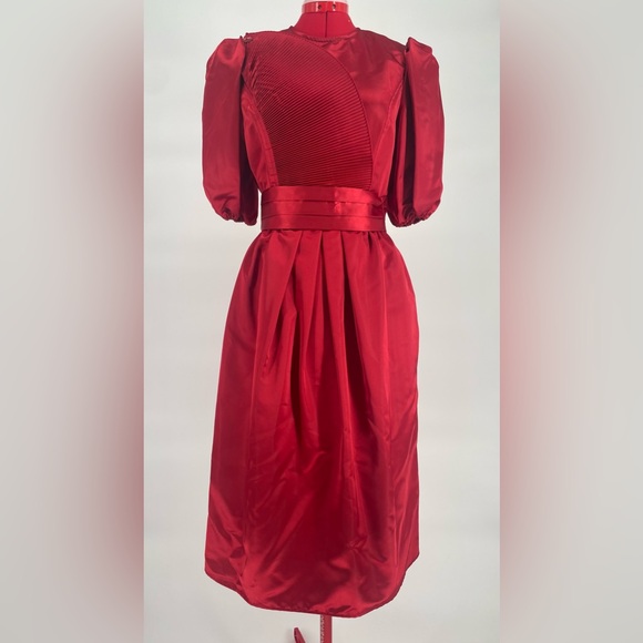 Vintage Dresses & Skirts - Rare 1980s Ruby Red Donna Morgan Satin Puff Sleeve Cocktail Dress